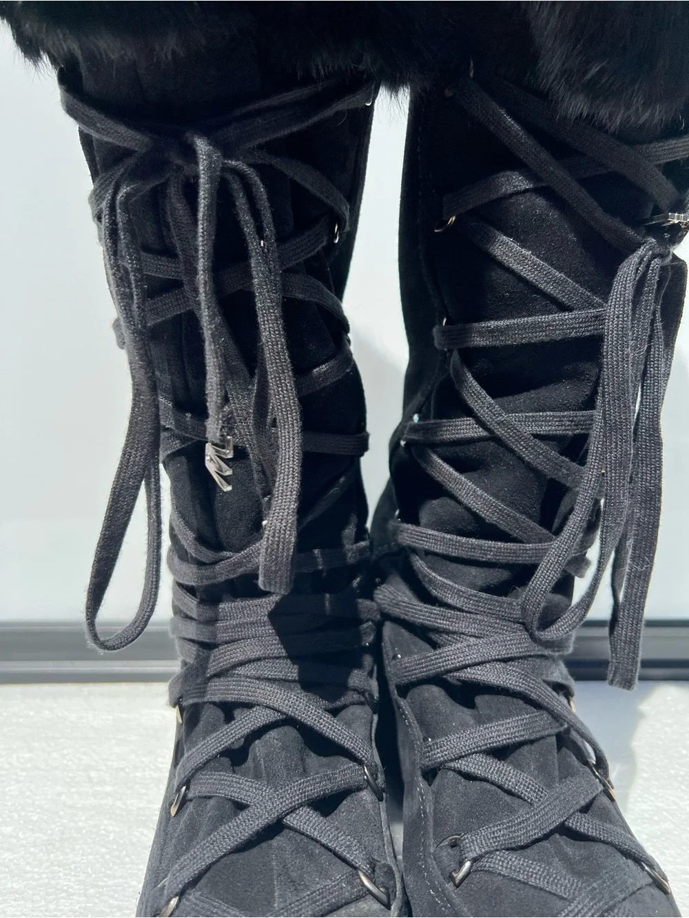 Stuart Weitzman Women's Black Suede Knee High Lace Up Fur Boots Platform 7.5